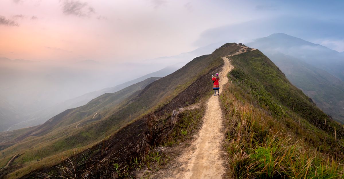 Sendero de montaña al amanecer con vegetación baja y luz cálida
